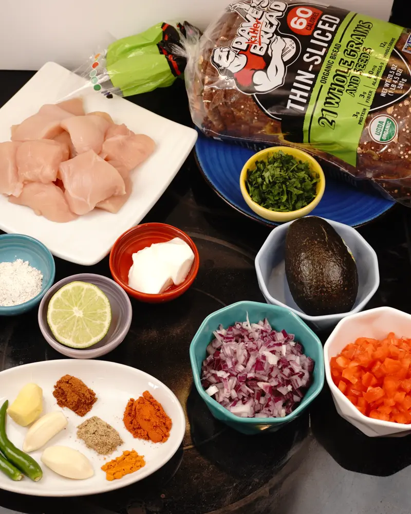 Ingredients for Avocado Chicken Open Sandwich including Boneless skinless chicken breast, Low fat or fat free thick curd, Hass avacado