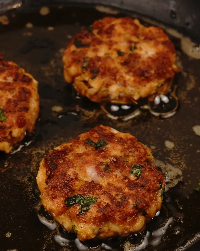 Restaurant Style Chicken Patty Kebab - close up view of finished dish plated and garnished