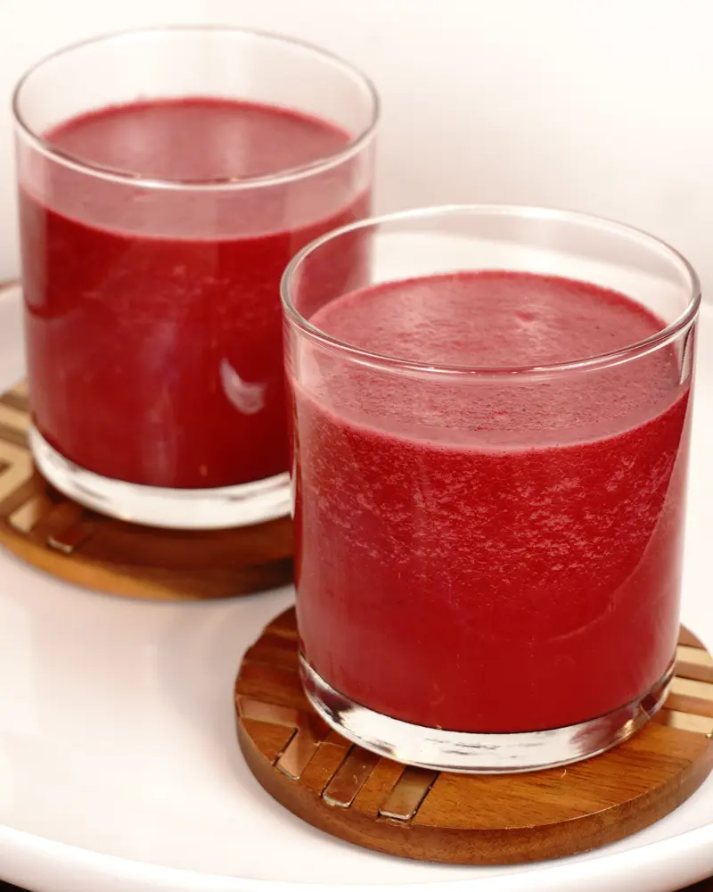 Coconut Milk Beetroot Smoothie - close up view of finished dish plated and garnished