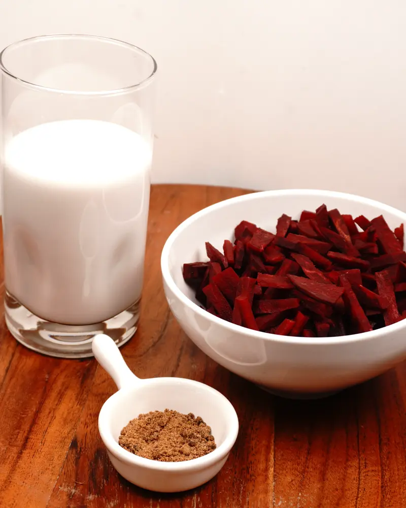 Ingredients for Coconut Milk Beetroot Smoothie including Small pieces of beetroot, Thick coconut milk, jaggery powder