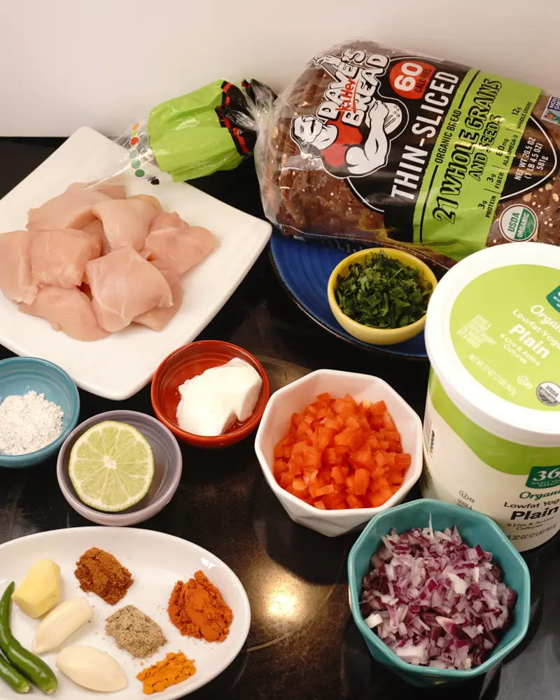 Ingredients for Curd Chicken Open Sandwich including Boneless skinless chicken breast, Low fat or fat free thick curd/yogurt/ greek yogurt, Oat flour