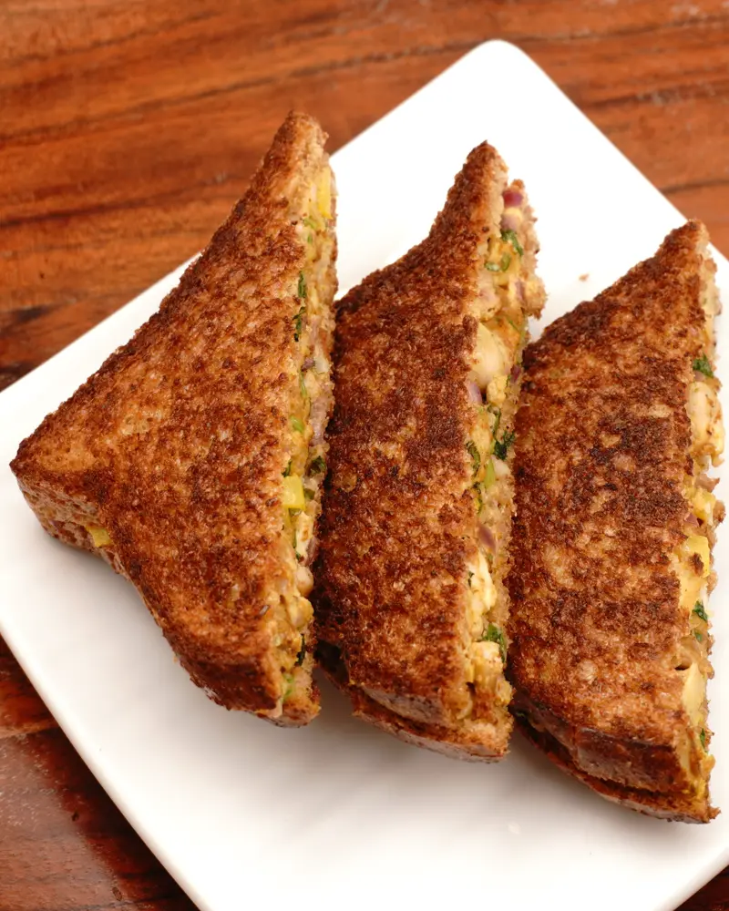 Curd Chicken Tikka Sandwich - close up view of finished dish plated and garnished