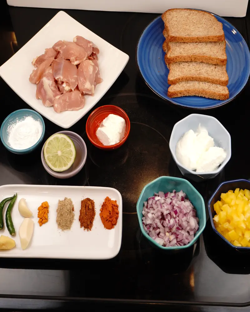 Ingredients for Curd Chicken Tikka Sandwich including Boneless skinless chicken thighs, Whole milk thick curd/yogurt, Chili powder