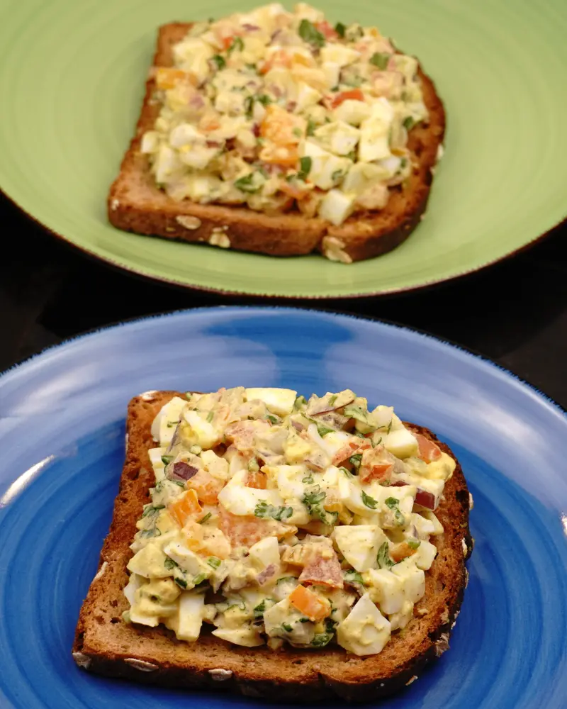 Mayo Egg Veggie Salad Open Sandwich - close up view of finished dish plated and garnished