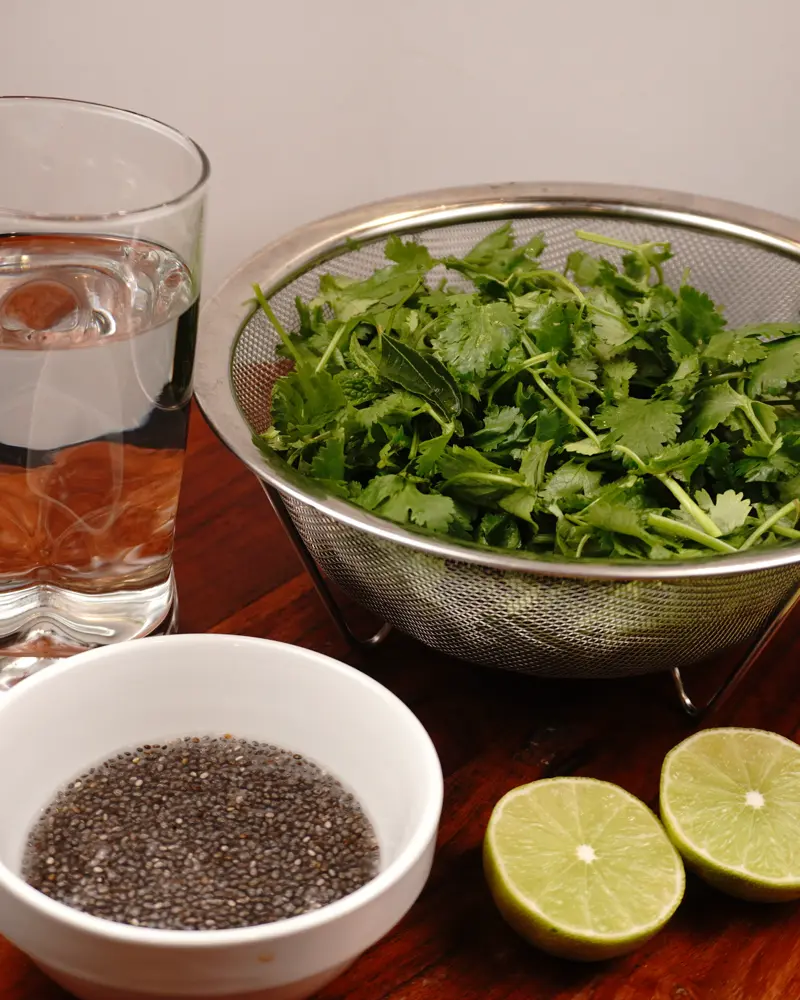 Ingredients for Green Juice With Chia Seeds including Coriander leaves, Pudina, Curry leaves