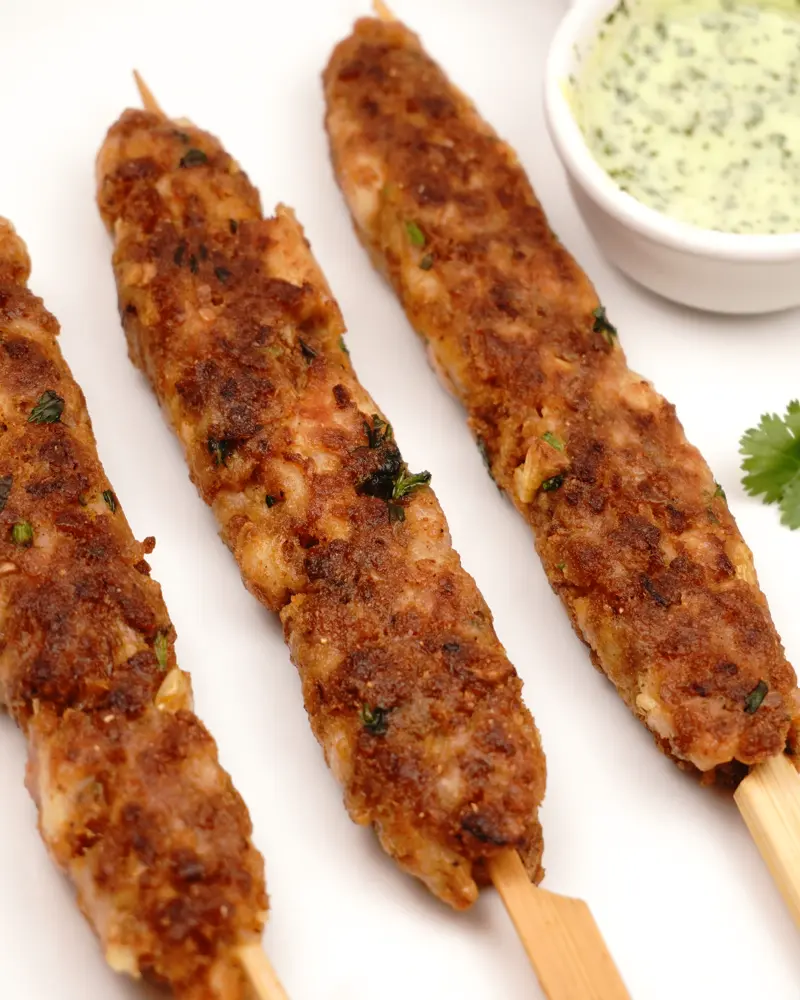 Less prep time -15 mins chicken seekh kebab                - close up view of finished dish plated and garnished