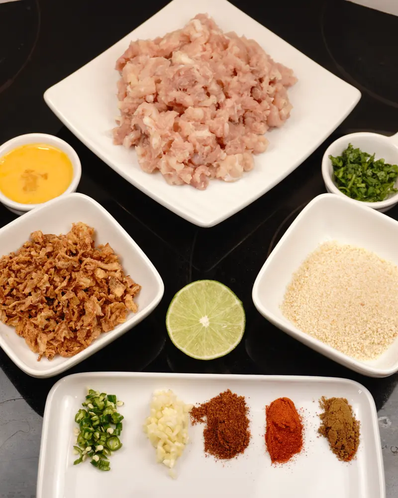 Ingredients for Less Prep Time -15 Mins Chicken Patty Kebab                including Coarsely minced boneless chicken leg, Crispy fried onion, Finely chopped garlic
