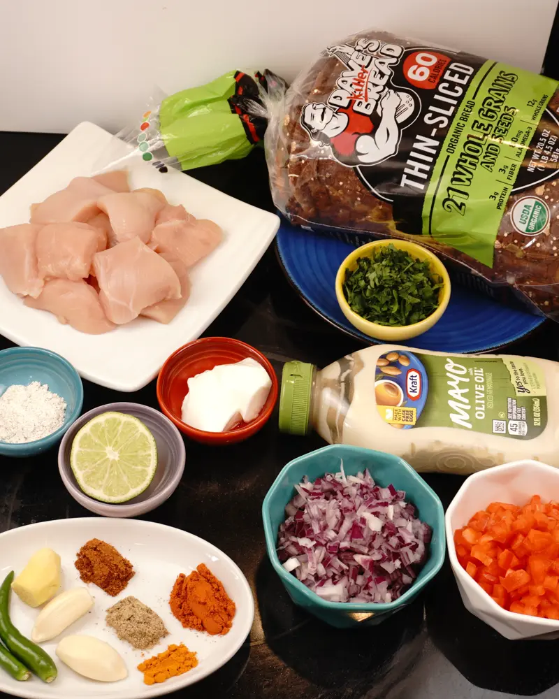 Ingredients for Mayo Chicken Open Sandwich including Boneless skinless chicken breast, Low fat or fat free thick curd, Mayonnaise