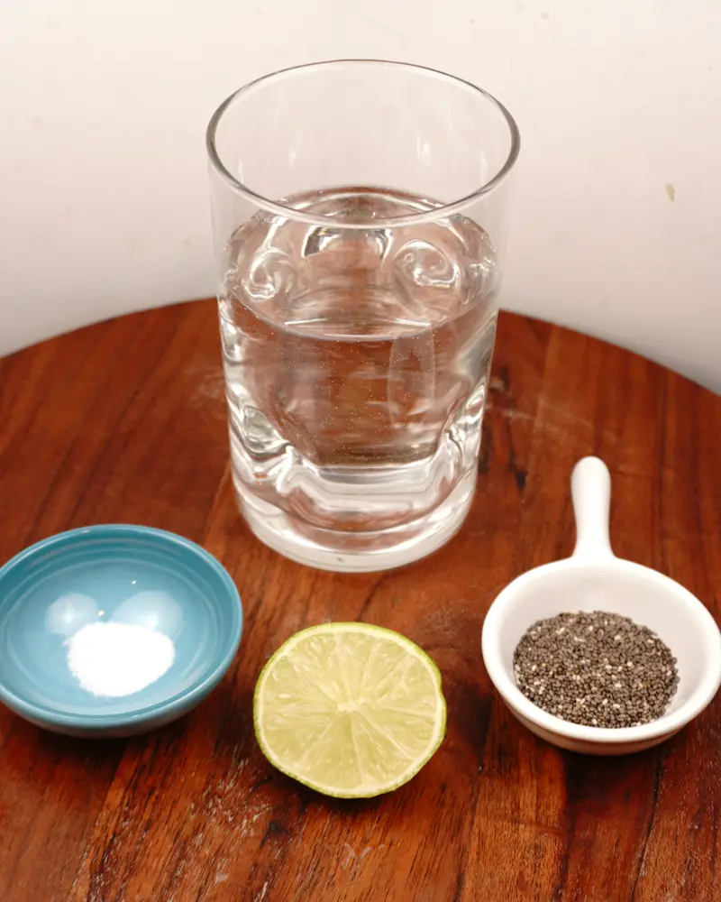 Ingredients for Simple Chia Lime Water including Half lime/lemon, Water, Chia seeds