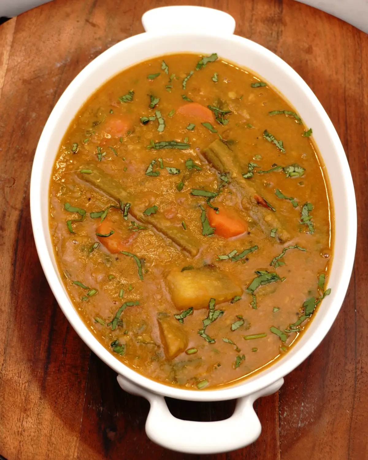 Restaurant Style Vegetable Sambar - Indian recipe showing finished dish ready to serve