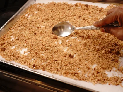 Bread Crumbs - Place in preheated oven, bake for 4 to 5 minutes, remove, stir 