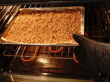 Bread Crumbs - Place in preheated oven, bake for 4 to 5 minutes, remove, stir 