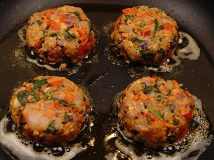 Veggie Loaded Chicken Patty Kebab - Browning the patties