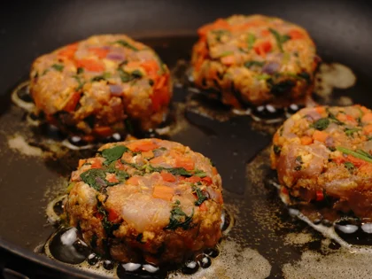 Veggie Loaded Chicken Patty Kebab - Browning the patties