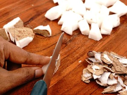   Coconut Milk  - Removing the Flesh and Brown Skin