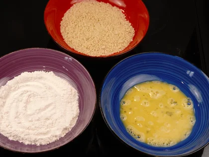 Crispy Pan Fried Panko Chicken - Set up three shallow bowls: