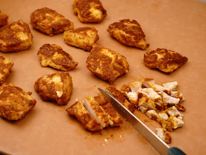 Curd Chicken Open Sandwich - Chop in to pieces