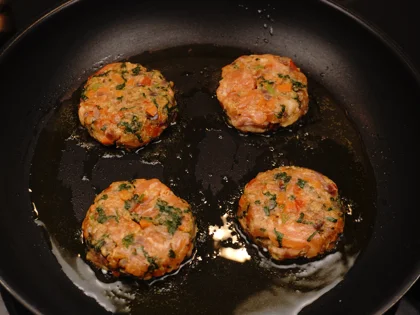 Veggie Loaded Fish Patty Kebab - Cook the patties first side untill form brown/dark brown crust over medium flame