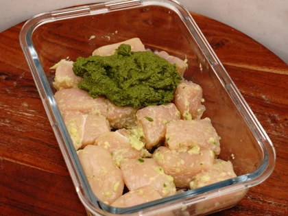 Low Carb, Less Oil Hariyali Tikka  - Coat prepared fresh herb marinade and chill