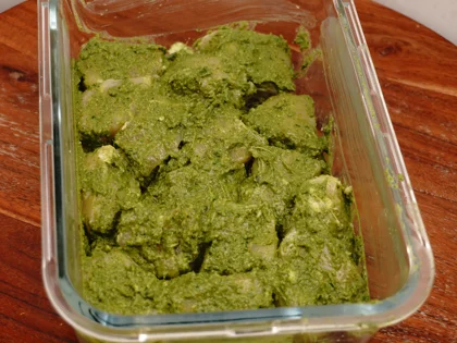 Low Carb, Less Oil Hariyali Tikka  - Coat prepared fresh herb marinade and chill