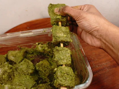 Low Carb, Less Oil Hariyali Tikka  - Skewer the marinated chicken piece