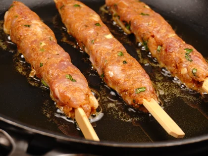 Less prep time -15 mins chicken seekh kebab                - Browning the kebabs