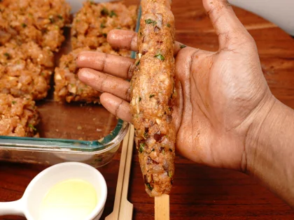 Low Calorie Chicken Seekh Kebab - Shaping onto Skewers