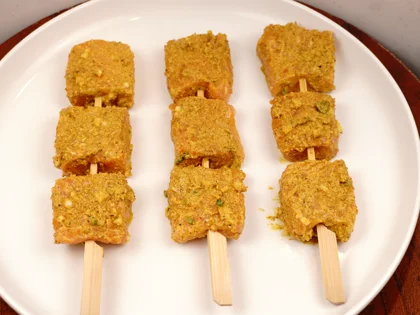 Low Carb, Less Oil Lasooni Fish Tikka - Skewer the marinated fish piece