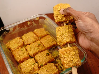 Low Carb, Less Oil Lasooni Fish Tikka - Skewer the marinated fish piece