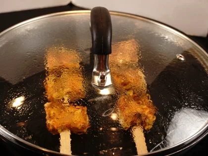 Low Carb, Less Oil Lasooni Fish Tikka - Cook the skewers on both thin sides then flip second flat side with closed lid 
