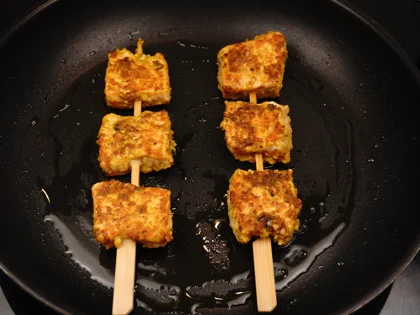 Low Carb, Less Oil Lasooni Fish Tikka - Cook the skewers first side until form light brown color over medium flame