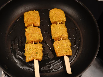 Low Carb, Less Oil Lasooni Fish Tikka - Cook the skewers first side until form light brown color over medium flame