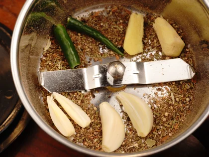 Baby Goat Mutton Shorba (Soup) - Grind the whole dry spices first, followed by the fresh aromatics.