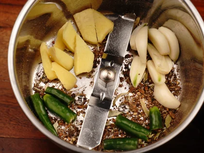 Pot-Cooked Mutton Curry (Baby Goat) — Restaurant Style - Grind the whole dry spices first, followed by the fresh aromatics.