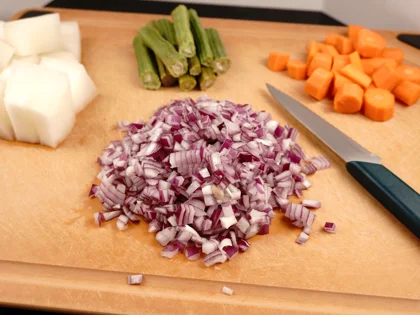 Restaurant Style Vegetable Sambar - Cutting veggies