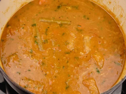 Restaurant Style Vegetable Sambar - Add the tempering and fresh herbs: